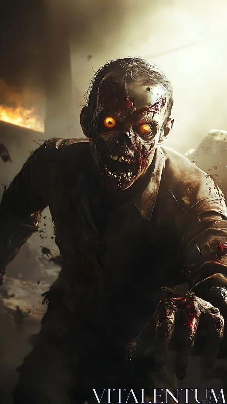 Gory undead figure advances through smoke in cinematic lighting