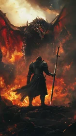 Lone knight stands bravely before a towering fire dragon.