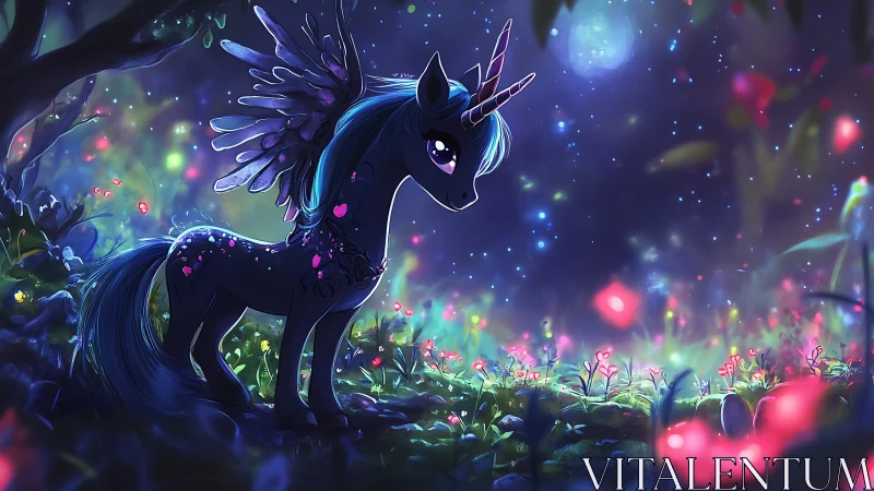 Winged unicorn stands in luminous forest under night sky