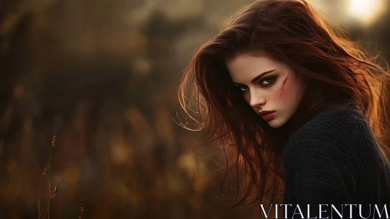 Cinematic portrait of scarred woman in dusk field, warm bokeh