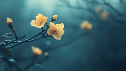 Yellow Blossoms on Dark Branch Against Teal Background