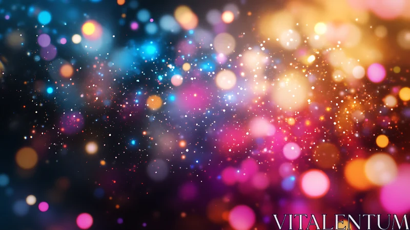 Digital bokeh nebula field with multicolor luminous particles.