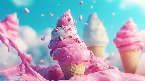 Pink ice cream cones splash through glossy strawberry cream