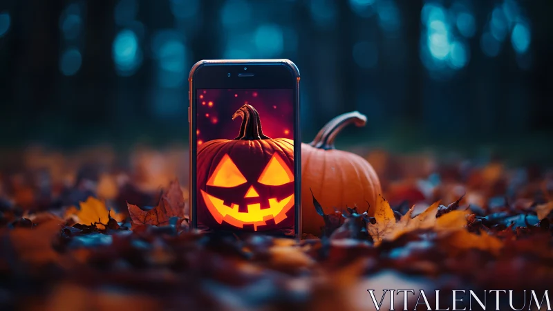 Smartphone displays glowing jack-o-lantern in autumn forest.
