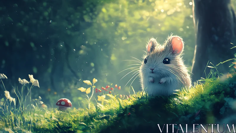 Gentle forest mouse pauses in glowing morning woodland light