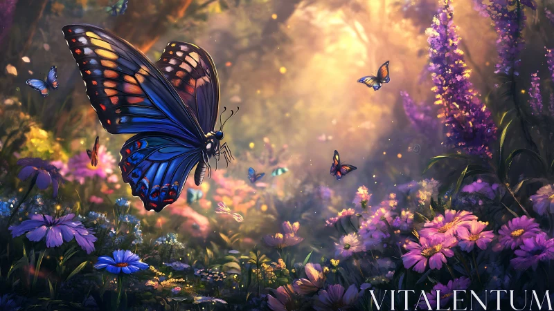 Large blue butterfly moves through dense flower meadow