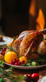 Roast turkey sits on a platter with citrus, herbs, and cranberries