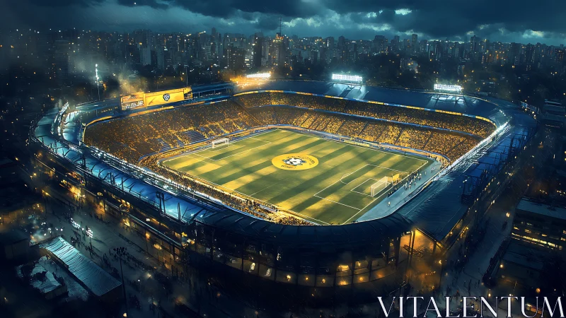 Floodlit football stadium panorama under stormy night sky.