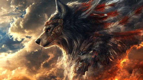 Mythic armored wolf profile with plume-like fiery feather mantle