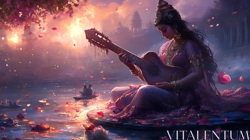 Twilight river goddess playing lute amid drifting petals.