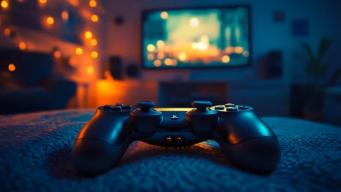 PlayStation controller positioned on textured surface with television backdrop.