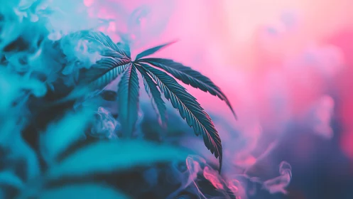 Neon haze cradles dreamy cannabis leaf in soft focus glow.