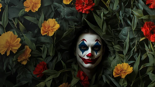Clown makeup portrait framed by dense marigolds and foliage