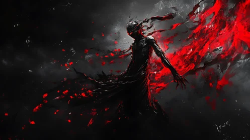 Shadow wraith unleashing red energy in stormed void.