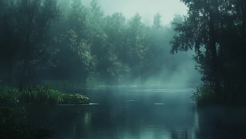 Fog-covered forest river with dense tree line and reeds.