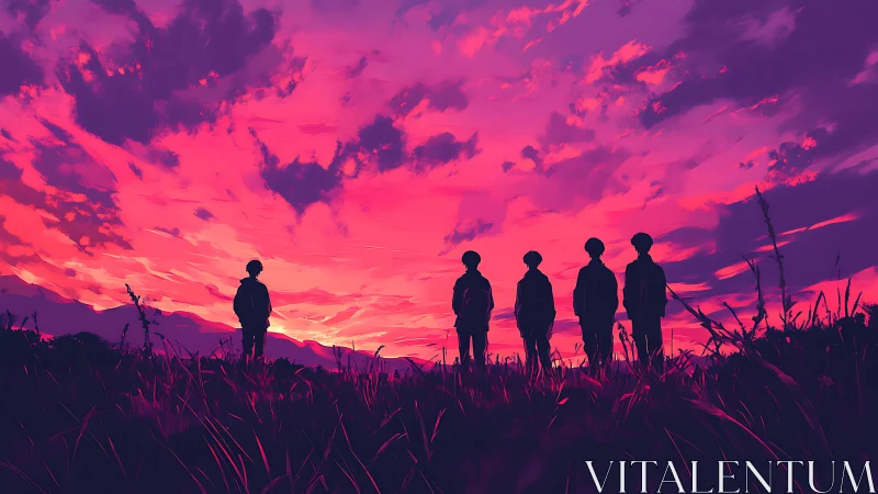 Silhouetted figures stand in tall grass under vivid sunset sky