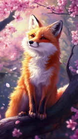 Radiant fox rendered amid backlit cherry blossoms in soft bokeh