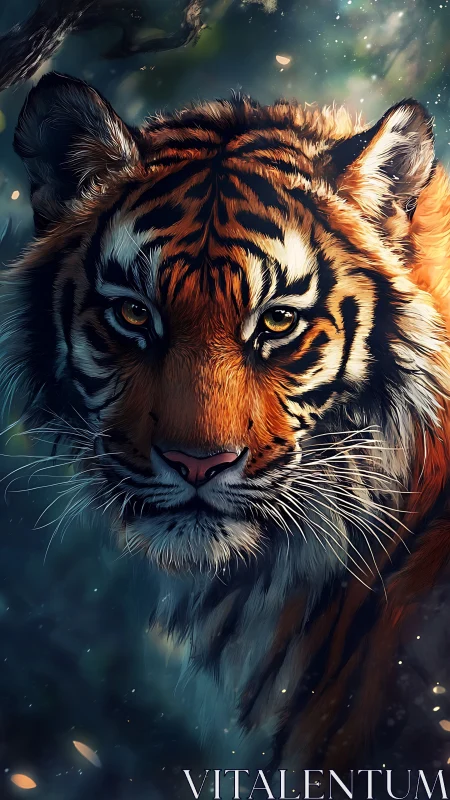 Digital painting portrait of tiger in luminous forest atmosphere.