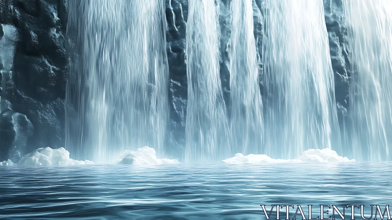 Vertical ice cliff waterfalls descend into calm cold water