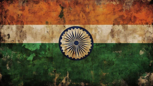Weathered Indian tricolor flag with bold central Ashoka Chakra.