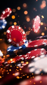 Photorealistic casino chips in dynamic shallow-focus motion.