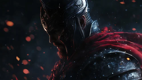 Armored warrior profile is lit by sparks in low key lighting
