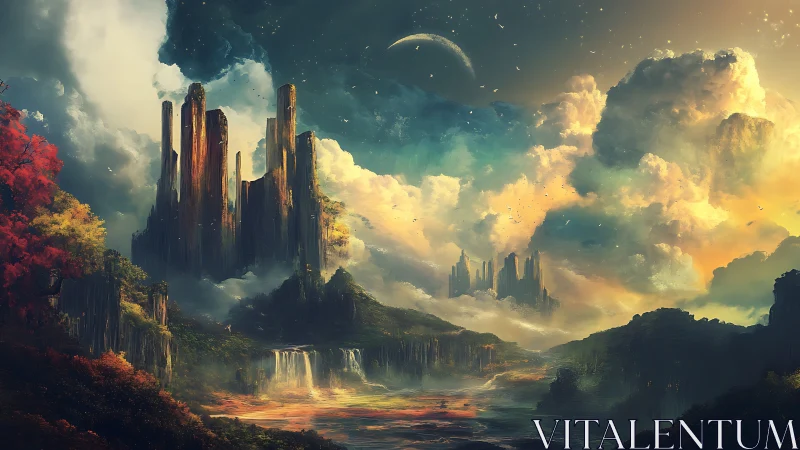 Distant spires over waterfalls under luminous sky.