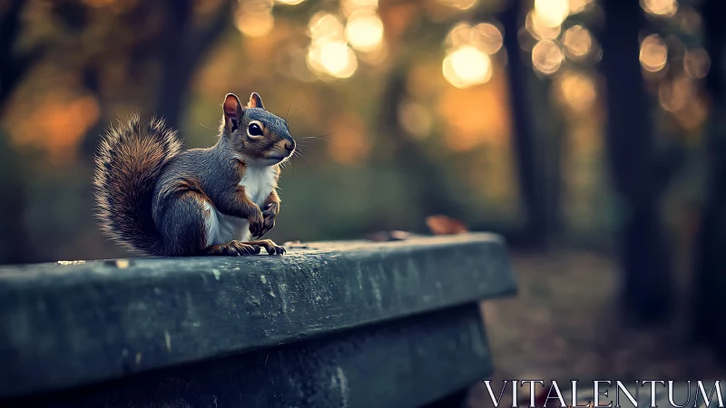 Autumn squirrel on bench in shallow depth-of-field woodland scene.