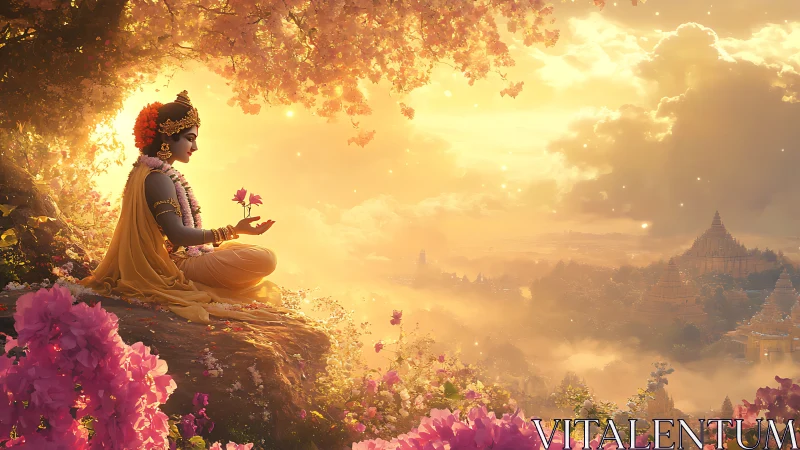 Serene divine figure resting in golden blossom sunrise.