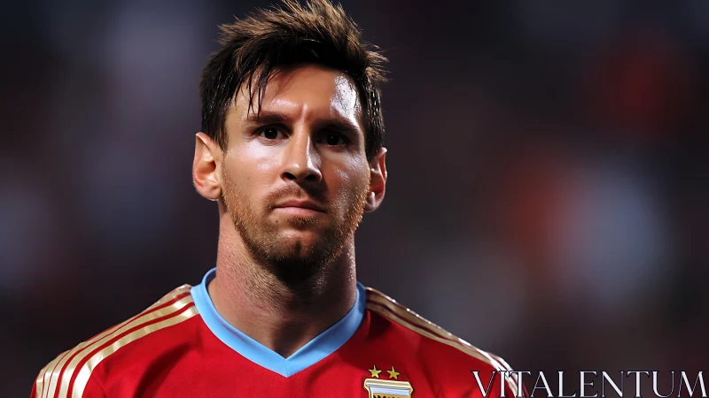 Focused footballer in crimson kit under stadium glow.