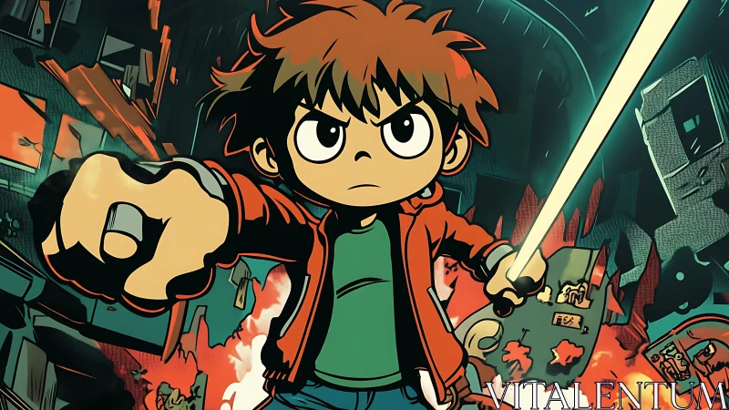 Defiant cartoon hero with energy sword in neon chaos scene.