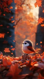 Small stylized bird among autumn leaves in soft forest light.