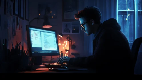 Night coder shapes backend logic under neon blue glow.