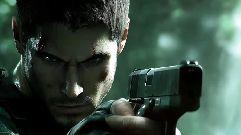 Battle-hardened operative aiming handgun in cinematic close-up.