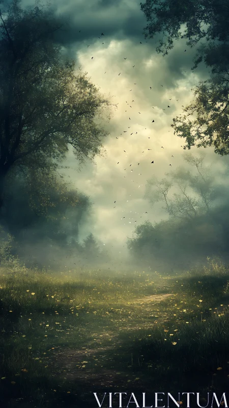 Forest path recedes into mist under overcast, clouded sky