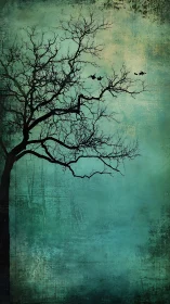 Winter-bare tree whispers into teal dusk silence sky.