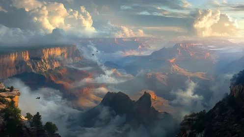 Aerial canyon vista with volumetric clouds and atmospheric depth