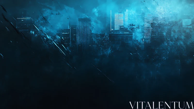 Futuristic high-rise skyline in blue fog with digital decay overlays.