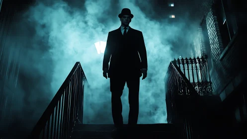 Mysterious man in suit stands on smoky night staircase.