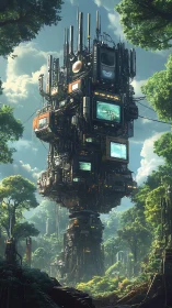 Vertical techno-monolith rising through reclaimed rainforest.