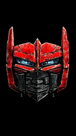 Battle-scarred red mech helmet with glowing blue optics.