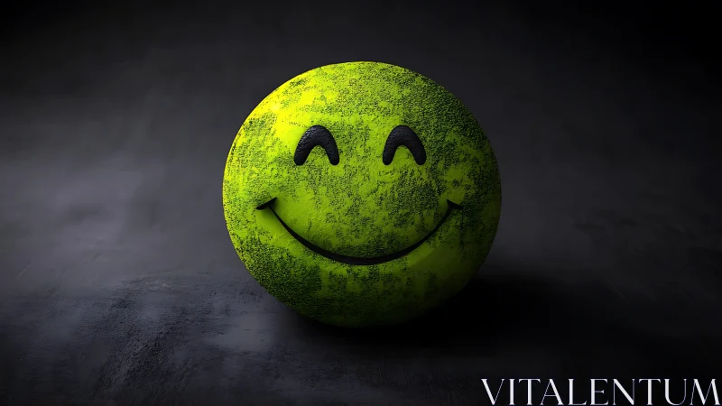 Grungy green smiley face sphere on dark textured background.