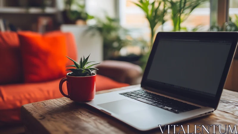 Photographic home workspace with laptop and red accent plant.