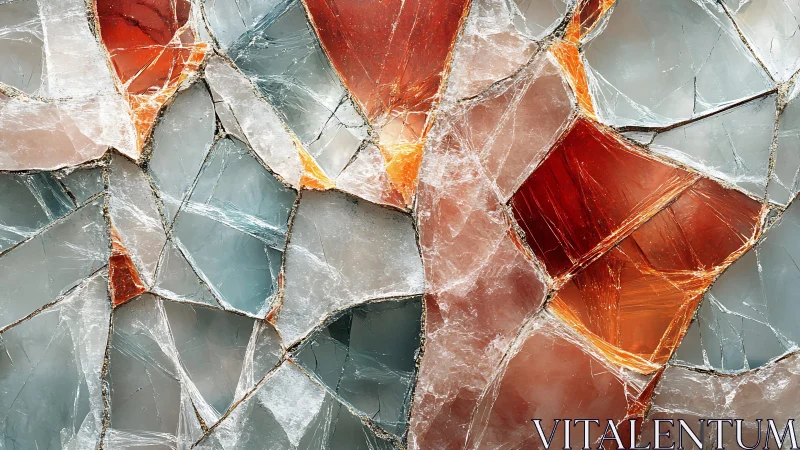 Abstract stained glass mosaic with red and blue geometric shards.