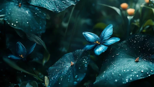 Blue Butterflies on Damp Foliage in Botanical Setting.