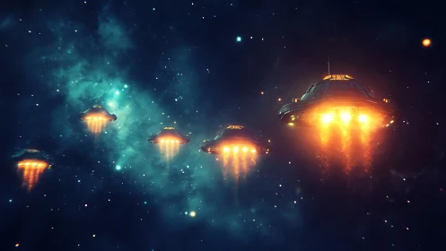 Formation flight of luminous saucer craft in deep interstellar void.
