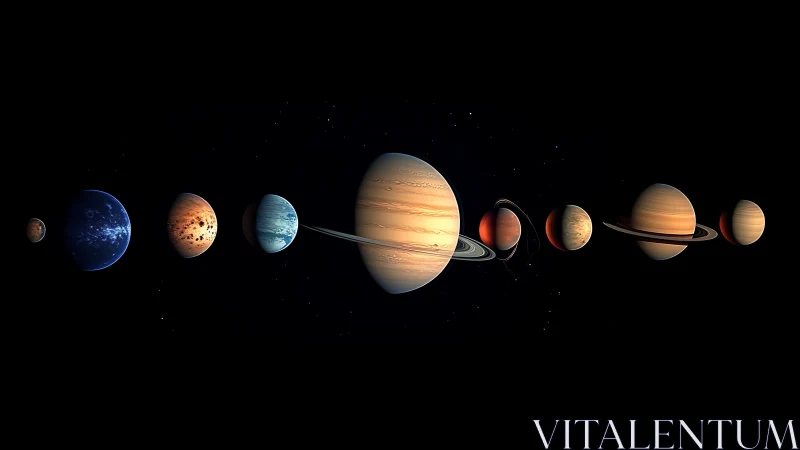 Solar system planets aligned in stylized cosmic render