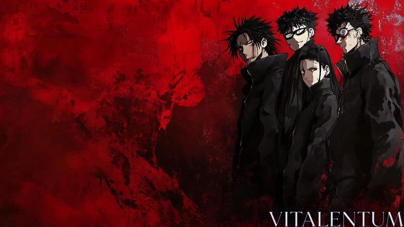 Brooding trenchcoat quartet stalks a blood-red horizon.