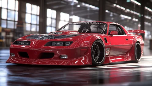 Low-slung crimson muscle car prowling a gleaming warehouse.