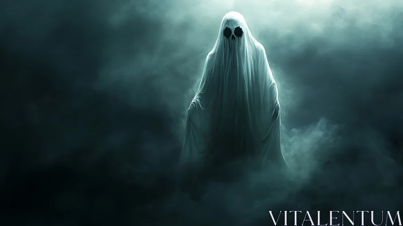 Ghostly wanderer drifting through silver fog at midnight.